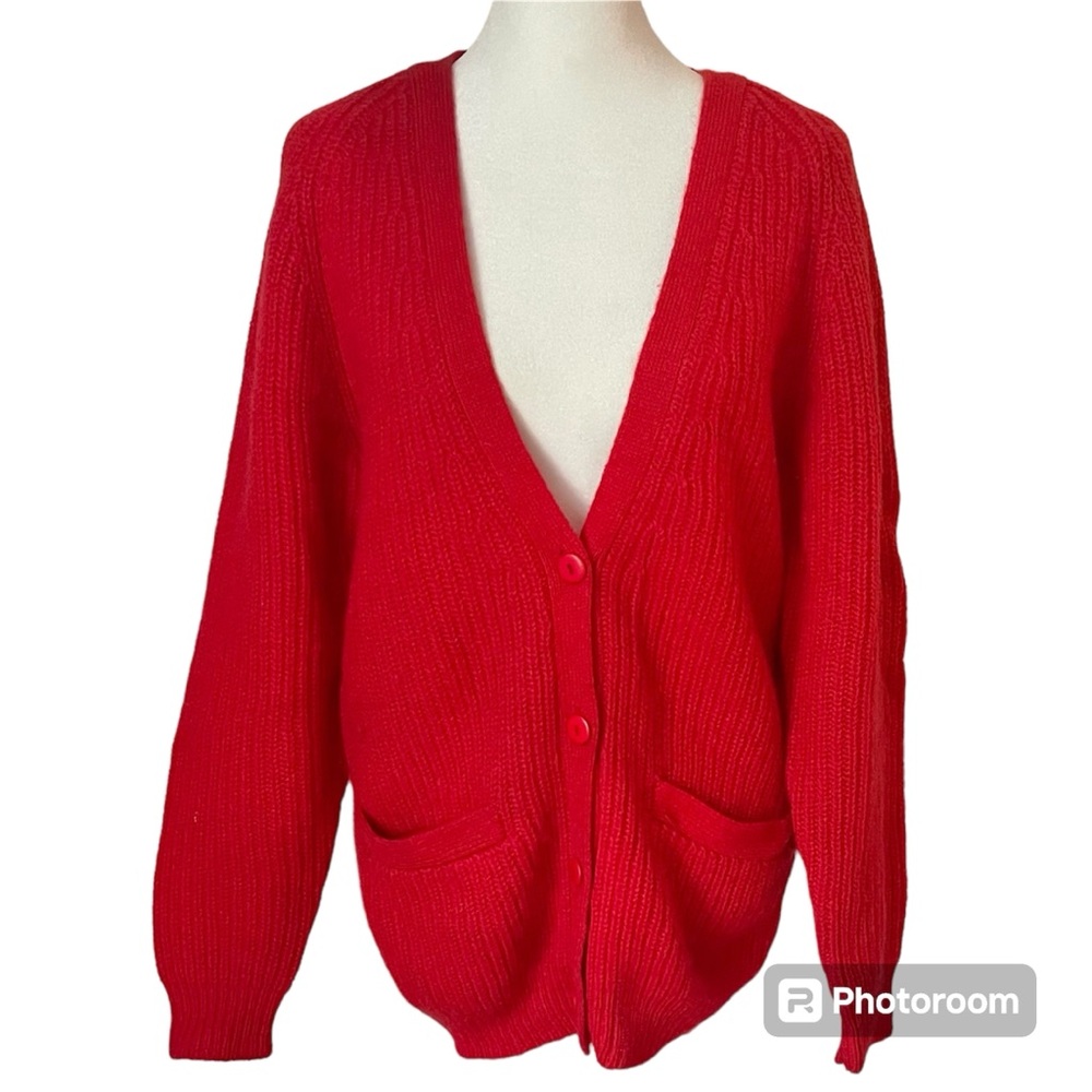 Vintage 100% Shetland Wool Grandpa Boyfriend Cardigan Size Medium Red Layering